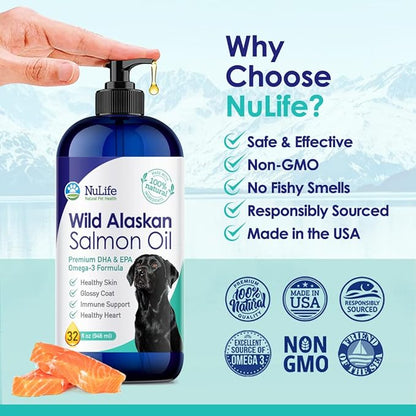 100% Pure Wild Alaskan Salmon Oil for Dogs, Omega 3 Dog Fish Oil Liquid, Skin and Coat Supplement for Shedding, Dry Itchy Skin and Allergies, All Natural EPA + DHA Fatty Acids, 32 oz Pump Bottle