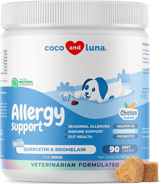 Dog Allergy and Itch Relief - 90 Soft Chews - w/Probiotics, Salmon Oil, Colostrum, Quercetin, and Turmeric - Anti Itch supplement, Support for Skin and Seasonal Allergies