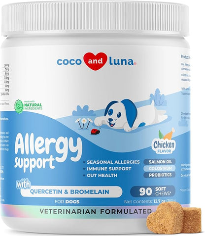 Dog Allergy and Itch Relief - 90 Soft Chews - w/Probiotics, Salmon Oil, Colostrum, Quercetin, and Turmeric - Anti Itch supplement, Support for Skin and Seasonal Allergies