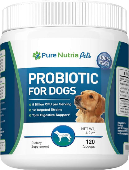 Dog Probiotics Dog Supplements - for Dog Diarrhea, Upset Stomachs, Yeast, Gas, Dog Allergy and Dog Immune System Support - Made in USA - 12 Targeted Strains 5 Billion CFU - 120 Scoops