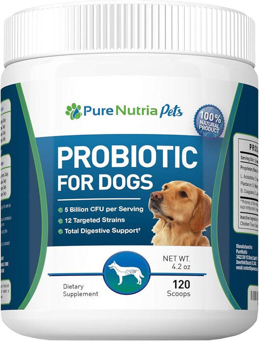 Dog Probiotics Dog Supplements - for Dog Diarrhea, Upset Stomachs, Yeast, Gas, Dog Allergy and Dog Immune System Support - Made in USA - 12 Targeted Strains 5 Billion CFU - 120 Scoops