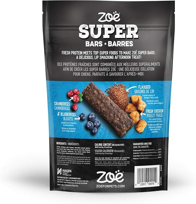Zoë Super Bar Natural Dog Treats, Protein-Packed, Grain-Free and Gluten-Free, Made in The USA Only, Chicken Recipe, 6 oz., 92015