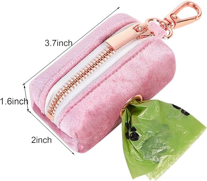 ARING PET Velvet Dog Waste Bag Dispenser, Pink Doggy Poop Bags Holders Attach to Any Leashes, Portable Washable Pet Waste Pouch Dispenser with Metal Zipper