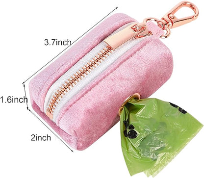 ARING PET Velvet Dog Waste Bag Dispenser, Pink Doggy Poop Bags Holders Attach to Any Leashes, Portable Washable Pet Waste Pouch Dispenser with Metal Zipper