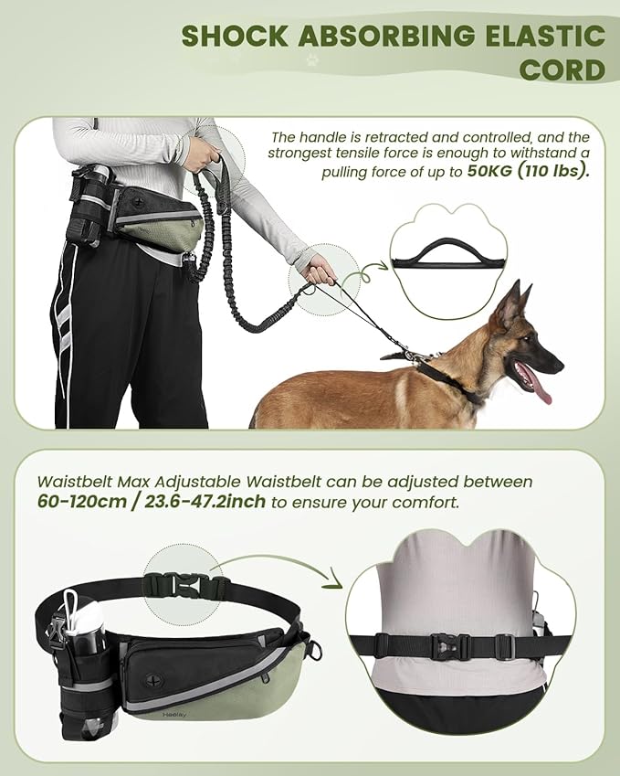 Hands Free Dog Leash for Medium and Large Dogs with Waist Belt Pouch,Dog Running Leash for Training Hiking Jogging Running Walking with Double Handle Bungee | Reflective Stitches Army Green