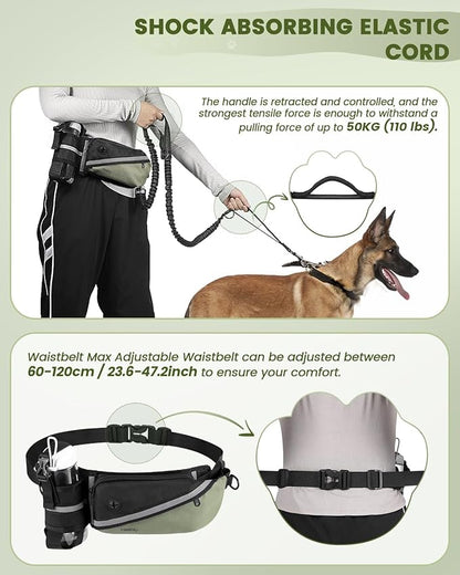 Hands Free Dog Leash for Medium and Large Dogs with Waist Belt Pouch,Dog Running Leash for Training Hiking Jogging Running Walking with Double Handle Bungee | Reflective Stitches Army Green