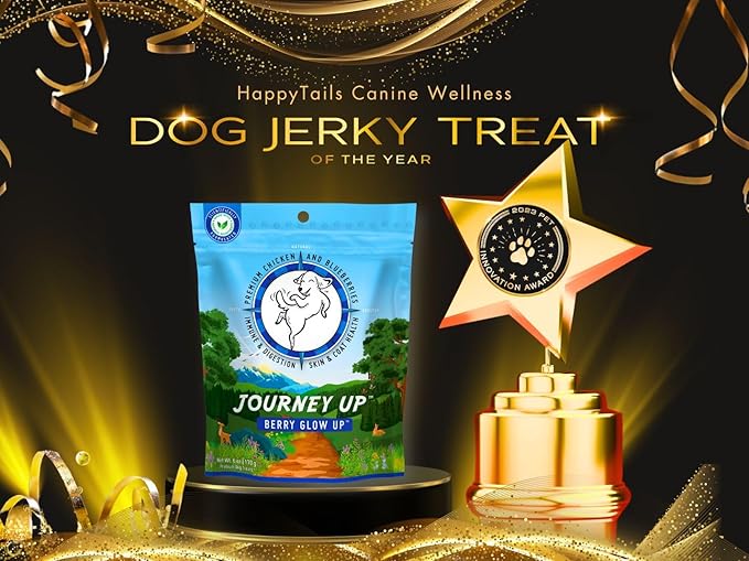 Journey Up Berry Glow Up, Chicken and Blueberry Dog Jerky Treats Made in USA with Prebiotics for Gut & Immune, Omega 3s & 6s for Skin & Coat, Antioxidants for Healthy Aging, Small-Large Dog, 6 oz.