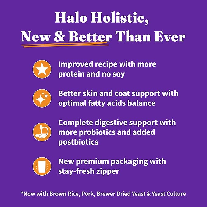 Halo Holistic Dog Food, Complete Digestive Health Cage-Free Chicken and Brown Rice Recipe, Dry Dog Food Bag, Adult Formula, 21-lb Bag