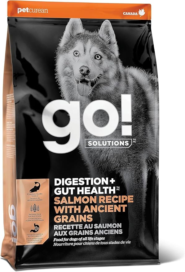 GO! SOLUTIONS Digestion + Gut Health Salmon Recipe with Ancient Grains for Dogs, 22 lb Bag - Dry Food for All Life Stages, Including Puppies, Adult and Senior Dogs