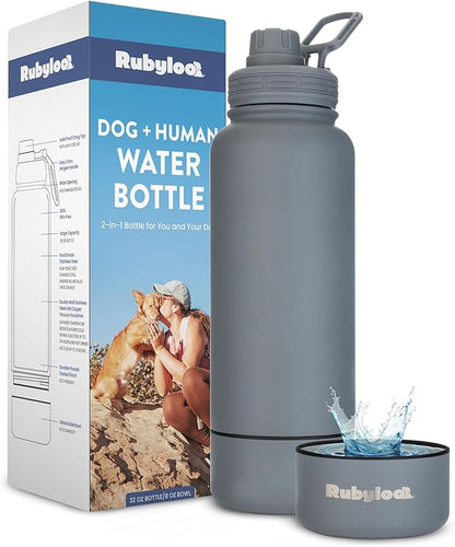 Dog Water Bottle for Dog Lovers - 32 oz Stainless Steel Double Wall Insulated Water Bottle with 8 oz Attached Dog Bowl - Dog Mom Gifts for Women for Travel, Hiking & Everyday Adventures - Smokey Grey