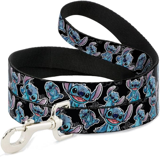 Buckle-Down Pet Leash - Stitch Poses/Hibiscus Sketch Black/Gray/Blue - 6 Feet Long - 1/2" Wide