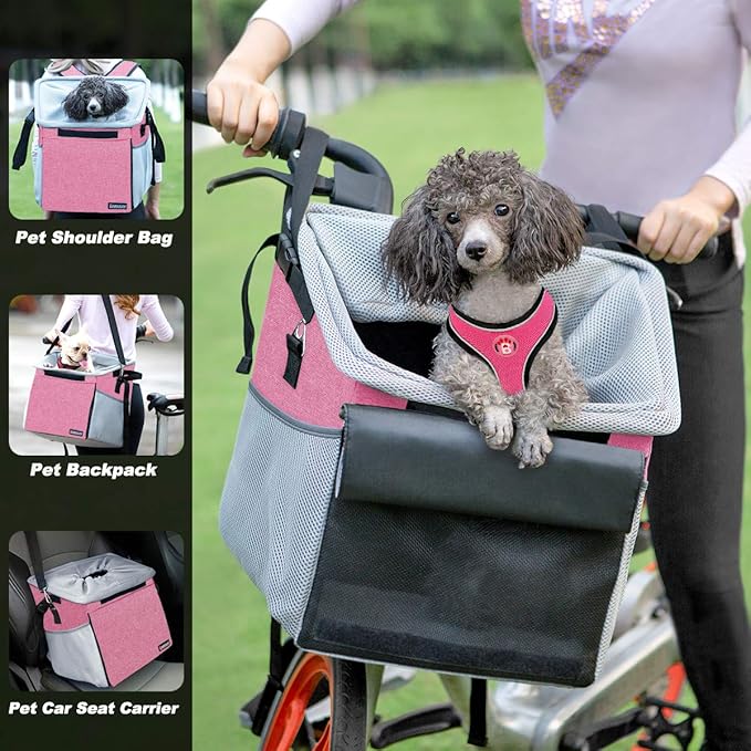 Pet Carrier Bicycle Basket Bag Pet Carrier/Booster Backpack for Dogs and Cats with Big Side Pockets,Comfy & Padded Shoulder Strap,Travel with Your Pet Safety（Pink）