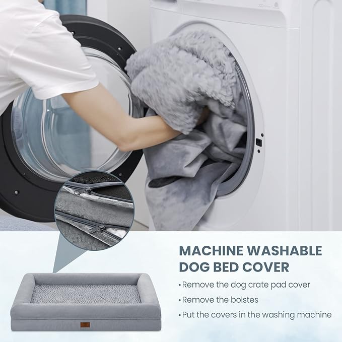 Large Dog Bed, Grey Orthopedic Gel Memory Foam Dog Bed, Washable Dog Bed with Removable Cover, Waterproof Non-Slip Bottom Big Dog Couch Bed
