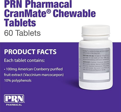 PRN Pharmacal CranMate Cranberry Supplement - Chewable Cranberry Extract Nutritional Supplements for Dogs & Cats - Cranberry Urinary Tract Health - 60 Chew Tabs