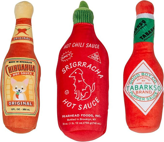 Pearhead Hot Sauce Dog Toys, Set of 3, Hot Sauce Toy Set for Dogs, Must Have Toys for Pet Owners, Plush Chew Toys Set of 3