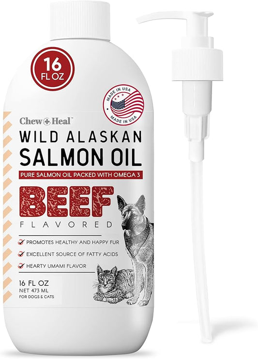 Pure Wild Alaskan Salmon Oil for Dogs - 16 oz. Beef Flavored Salmon Oil - Pump Cap Bottle - Contains Omega-3 and 6, EPA, and DHA for Healthy Skin and Coat - Toxin Free