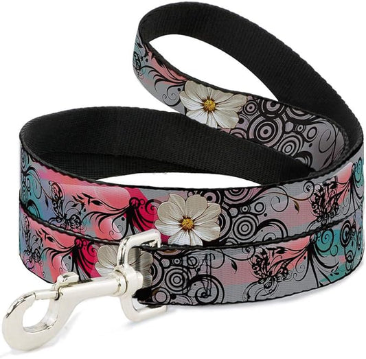 Buckle Down Pet Leash - Flowers w/Filigree Pink - 4 Feet Long - 1" Wide