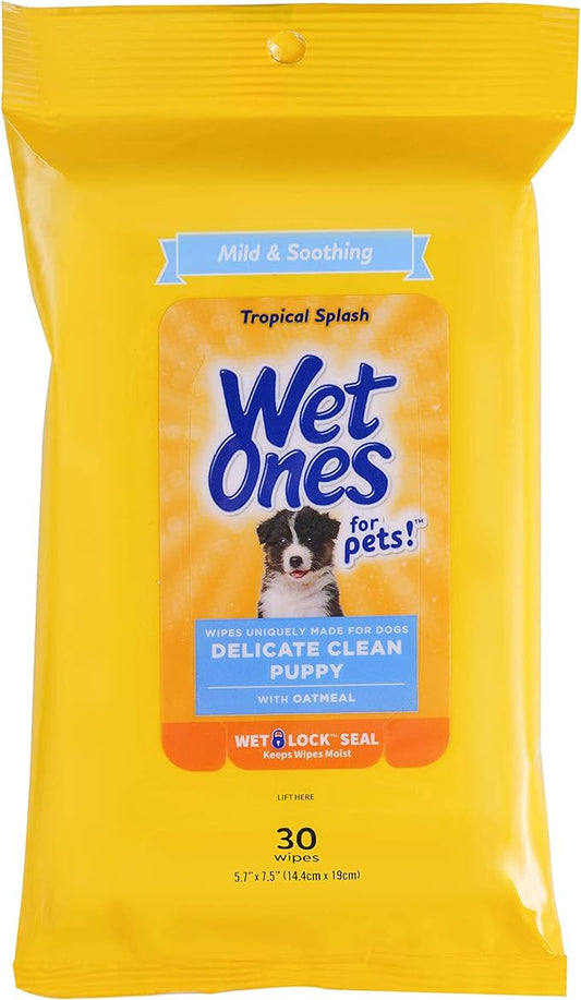 Wet Ones for Pets Delicate Clean Puppy Cleaning Wipes with Oatmeal | Mild & Soothing Puppy Grooming Wipes in Tropical Splash Scent, Wipes with Wet Lock Seal | 30 Ct Pouch Dog Wipes (FF12845)