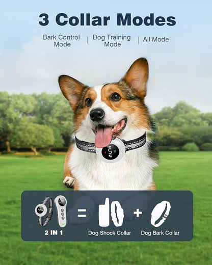 2-in-1 Dog Shock Collar & Dog Bark Collar - Smart Anti Barking Dog Training Collar with 5 Adjustable Sensitivity & 3300FT Remote for All Breeds IP67 Waterproof Rechargeable E-Collar (White)