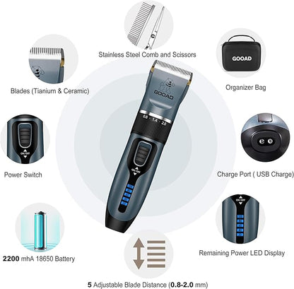 Dog Clippers Grooming Kit and Paw Trimmer,Cordless,Low Noise, Electric Quiet,Rechargeable, Dog Trimmer Grooming, Pet Hair Clippers for Thick Coats,Shaver for Small and Large Dogs Cats(Blue)