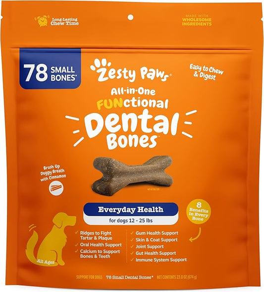 Zesty Paws Dental Bones - Fights Tartar & Plaque - Gum, Teeth & Bone Health - Cinnamon for Dog Breath - Immune, Joint, Gut, Skin & Coat Support - Omega 3 EPA & DHA and Calcium - Small Dogs - 78 ct…