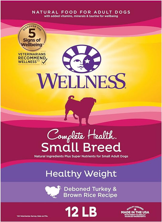 Wellness Complete Health Small Breed Dry Dog Food With Grains, Made In USA with Real Turkey and Natural Ingredients, For Dogs Up To 25 lbs, Healthy Weight, 12 Pound Bag