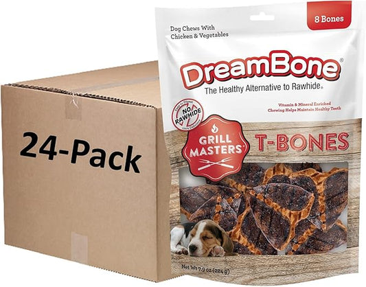 DreamBone Grill Masters T-Bones, Small, Rawhide-Free Chews for Dogs (1 CASE of 24 INDIVIDUAL PACKS of 8 COUNT)