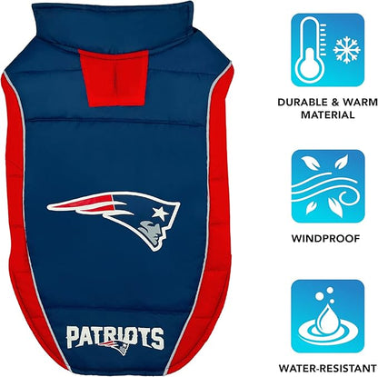 NFL New England Patriots Puffer Vest for Dogs & Cats, Size Large. Warm, Cozy, and Waterproof Dog Coat, for Small and Large Dogs/Cats. Best NFL Licensed PET Warming Sports Jacket