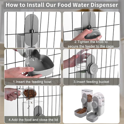 Hanging Automatic Rabbit Feeder for Cage,Dog Cat Food and Water Dispenser,Ferret Food Dispenser,Rabbit Water Bottle Guinea Pig Food Bowl Set,Gravity Feeder for Cats Dogs (Gray)