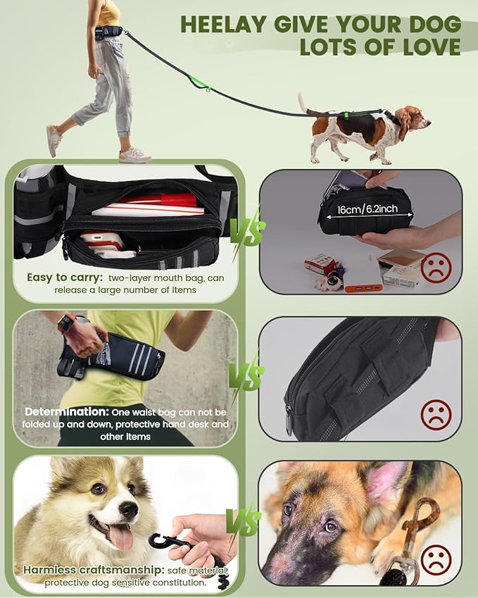 Hands Free Dog Leash for Medium and Large Dogs with Waist Belt Pouch Leash 55-78" Running Dog Leash for Training Hiking Jogging Running Walking with Double Hand Loops Reflective Stitches Green