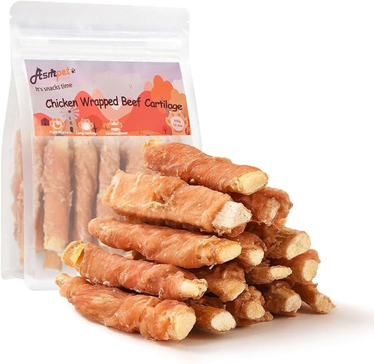 ASMPET Chicken Wrapped Beef Cartilage Dog Treats, Long Lasting High Calcium Chewy Dog Soft Bone, Non-Rawhide Puppy Treat Twist Sticks Rich in Protein for Small, Medium & Large Dogs