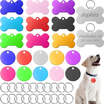 20 Pieces Colorful Aluminum Pet Id Tags Set with Keyrings Stamped Pet Blank Tags Round Bone Shape Dog Tags Personalized Engraved Pet Name Number Tags for Cat Puppy Kitten Pets, 10 Colors