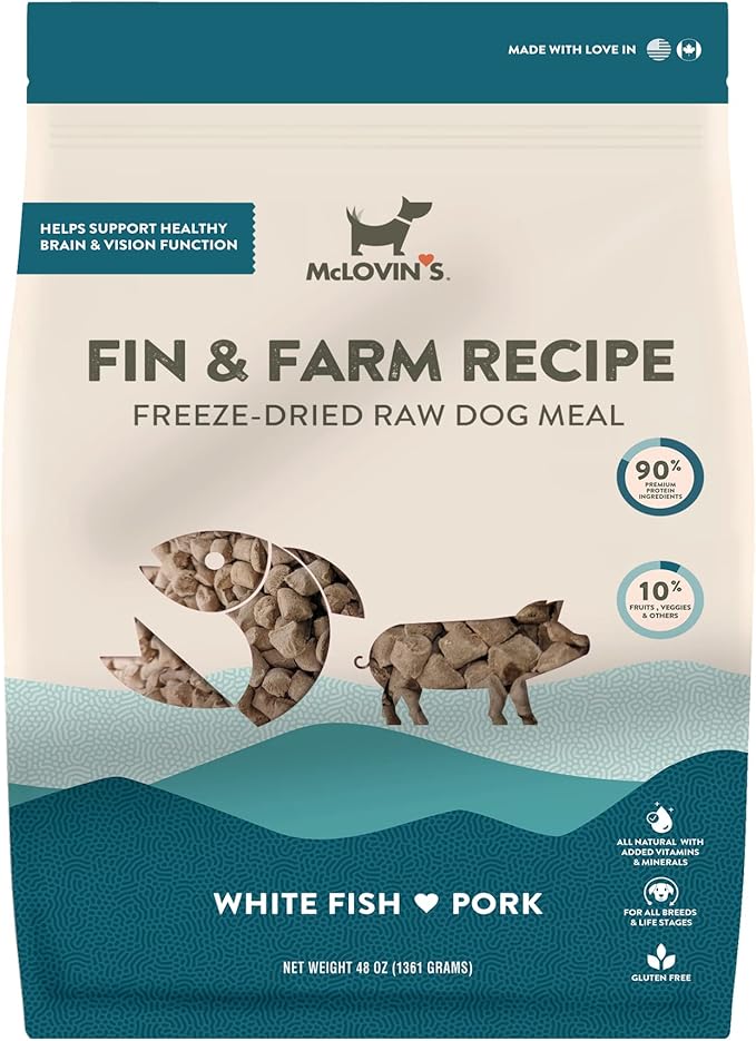 McLovin's Freeze Dried Dog Food, Fin and Farm Recipe (48 oz) - Premium Raw, Grain and Gluten Free - Made in North America - an Ideal Meal or Dog Food Topper, for All Ages and Sizes - No Refrigeration