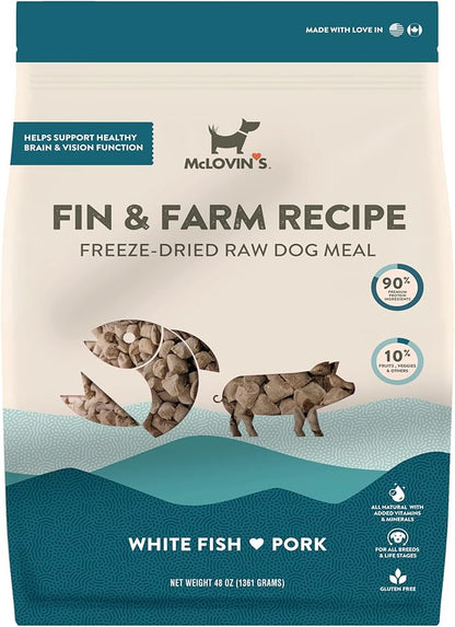 McLovin's Freeze Dried Dog Food, Fin and Farm Recipe (48 oz) - Premium Raw, Grain and Gluten Free - Made in North America - an Ideal Meal or Dog Food Topper, for All Ages and Sizes - No Refrigeration