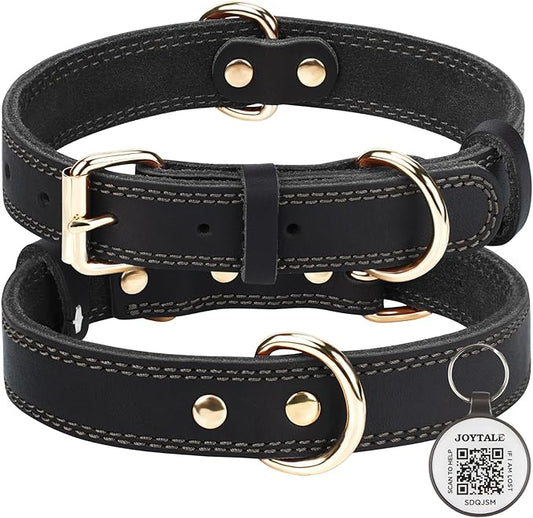 Joytale Leather Dog Collar for Large Dogs, Genuine Heavy Duty Wide Dog Collar with QR ID Tag, Soft Metal Buckle Collars, Black, XL