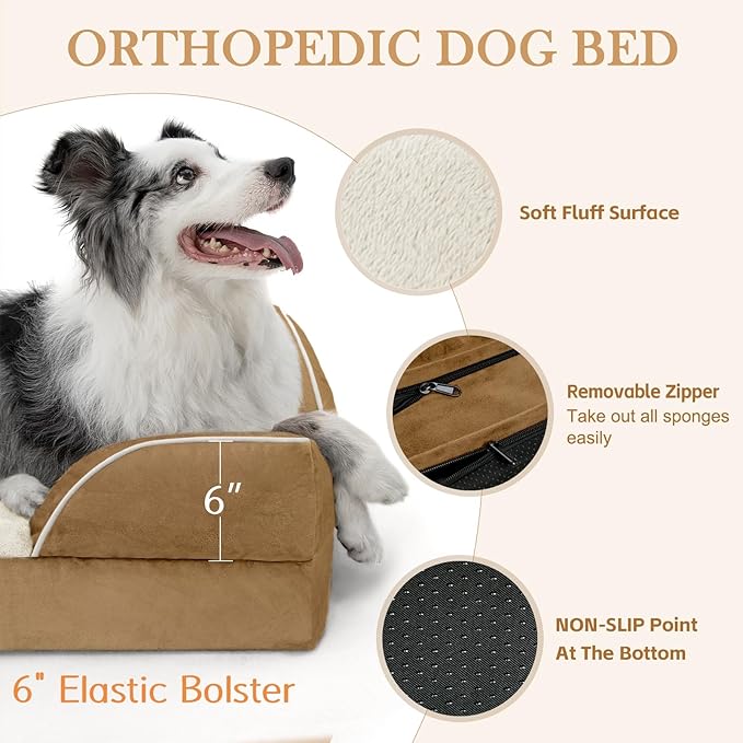 XXL Orthopedic Dog Bed, Waterproof Dog Beds for Extra Large Dogs, Washable Dog Bed Sofa Pet Bed with Removable Cover & Non-Slip Bottom(XX-large,Khaki)