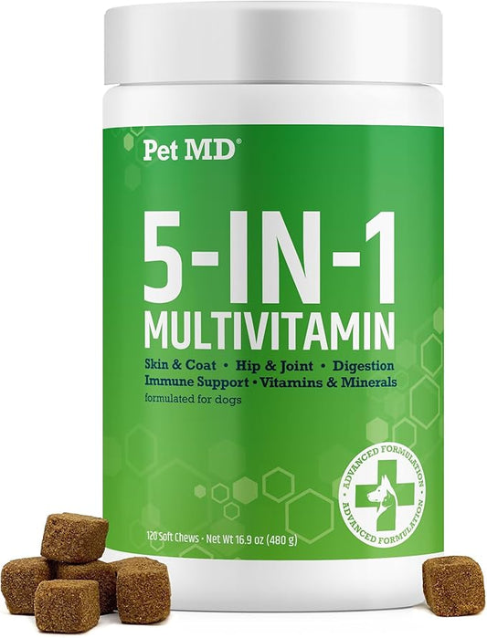 Pet MD 5in1 Dog Multivitamin - 30 Essential Vitamins, Minerals & Nutrients for Skin & Coat, Hip & Joint, Digestion, Immune & Senior Dog Vitamins - Glucosamine, Omega 3 6 9, & Probiotics - 120 ct