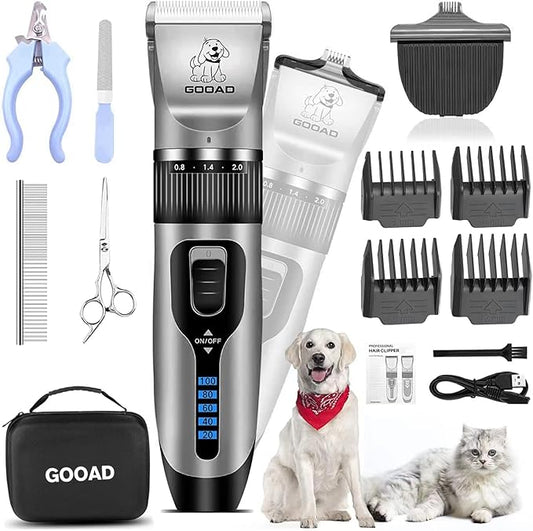 Dog Clippers Grooming Kit and Paw Trimmer,Cordless,Low Noise, Electric Quiet,Rechargeable, Dog Trimmer Grooming, Pet Hair Clippers for Thick Coats,Shaver for Small and Large Dogs Cats(Gray)