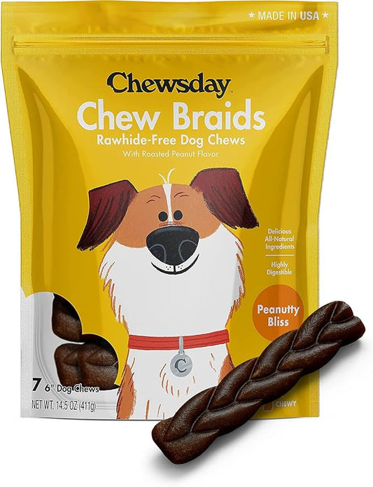 6-Inch Dog Chew Braids, Made in The USA, All Natural Rawhide-Free Highly-Digestible Treats, Peanutty Bliss - 7 Count