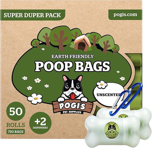Pogi’s Dog Poop Bags - 50 Unscented Rolls (750 Doggie Poop Bags) + 2 Dog Poop Bag Holders for Leashes - Leak-Proof Dog Waste Bags - Ultra Thick, Extra Large Poop Bags for Dogs
