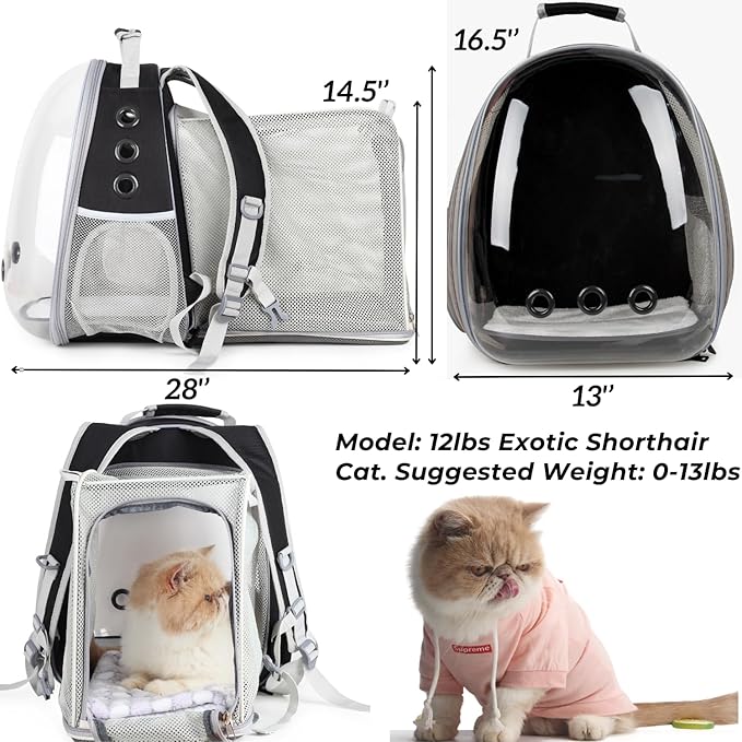 LOLLIMEOW Pet Carrier Backpack, Bubble Backpack Carrier, Cats and Puppies,Airline-Approved, Designed for Travel, Hiking, Walking & Outdoor Use (Square Expandable-Black)