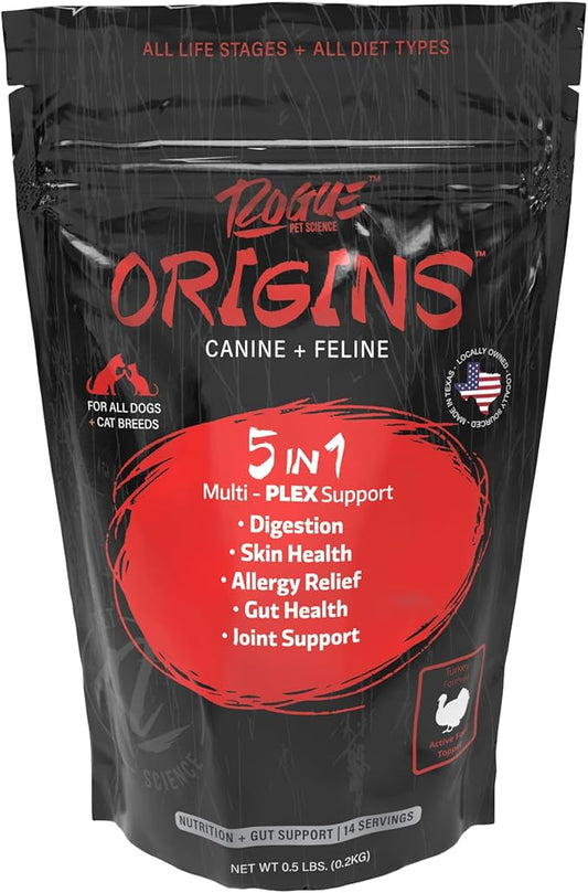 Origins 5-in-1 Dog Supplement - Powdered Food Topper w/Natural Turkey Protein- Supports Healthy Digestion, Skin, and Coat - Helps Reduce Itching & Joint Inflammation (0.5LB)