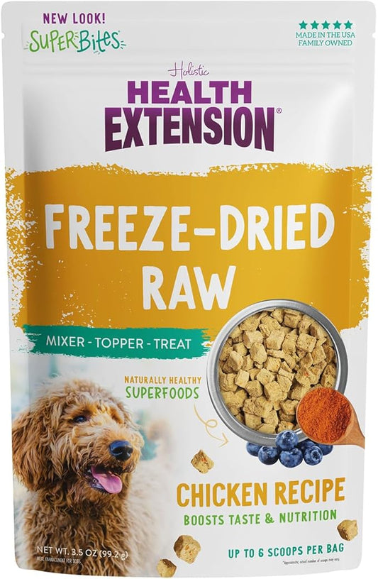 Health Extension Super Bites, Freeze-dried Raw, Gluten & Grain-free, with Extra Protein & Super Tasty Healthy Meal Mixer for Dogs, Chicken Recipe (3.5 Oz / 99 g)