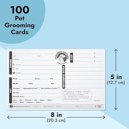 Juvale 100-Pack Pet Grooming Cards, Customer Information Cards, Cat or Dog Grooming Client Cards and Contact Profile Extender, Pet Info Record Cards for Groomers (8x5 in)