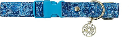 Lilly Pulitzer M/L Adjustable Blue Puppy Dog Collar, Cute Heavy Duty Canvas Collar with Snap Closure and Ring for Leash/Tag, Mermazing
