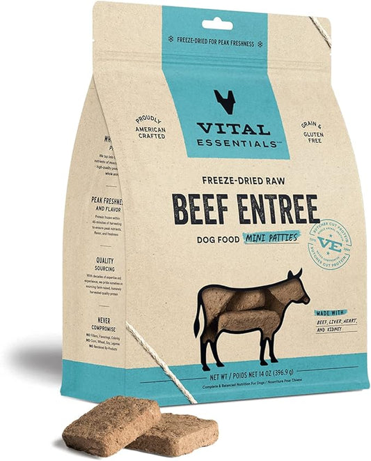 Vital Essentials Freeze Dried Raw Dog Food, Beef Mini Patties Entree, 14 oz