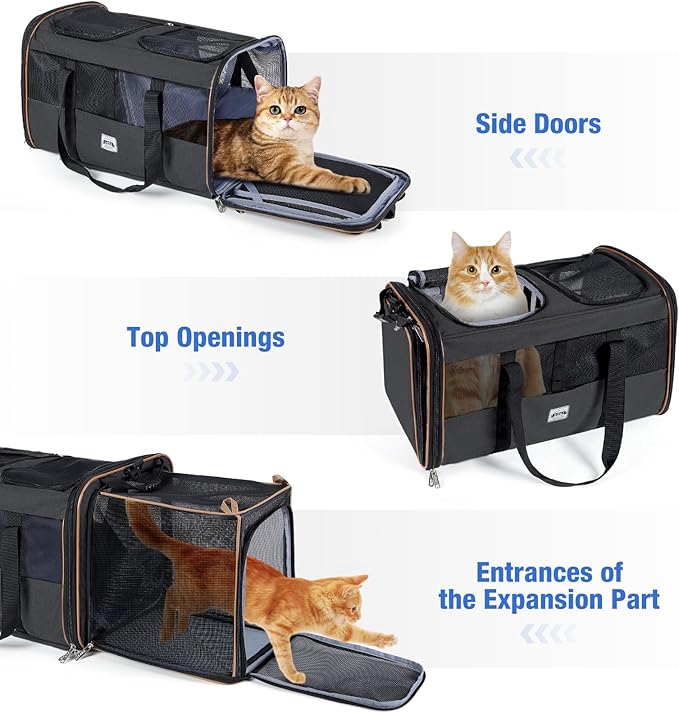 Lekereise Cat Dog Carrier with Wheels for 2 Cats, Expandable Double Cat Carrier with Wheels, Large Rolling Pet Carrier, Wheeled Pet Carrier with Telescopic Handle, Black