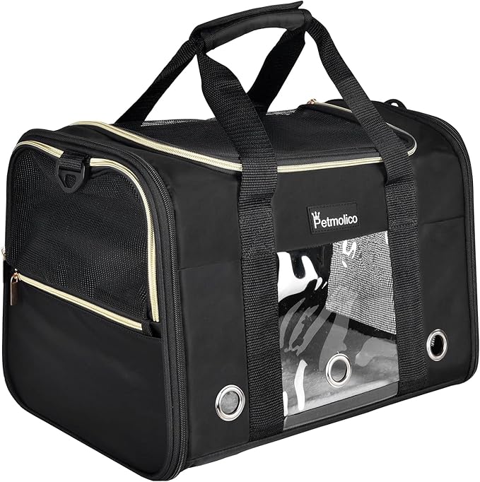 Petmolico Cat Carrier Dog Carrier, Airline Approved Soft Pet Travel Carrier with 3 Open Doors Mesh Windows for Cats Puppy 16 lbs, Black