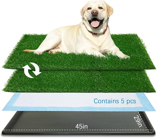 Dog Grass pad with Tray,45”x 29” Indoor Dog Potty with 2 Packs Replacement Artificial Fake Grass-5 Packs Disposable Puppy Pads,for Puppy Training Apartment,Outdoor Use
