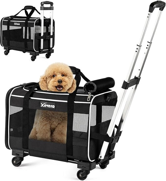 Cat Dog Carrier with Wheels Airline Approved Rolling Pet Carrier with Telescopic Handle, Shoulder Strap and Pet Bowl, Black